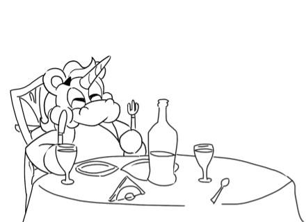 Ein stilvolles Einhorn speist begeistert, umgeben von Gläsern und einer Flasche.